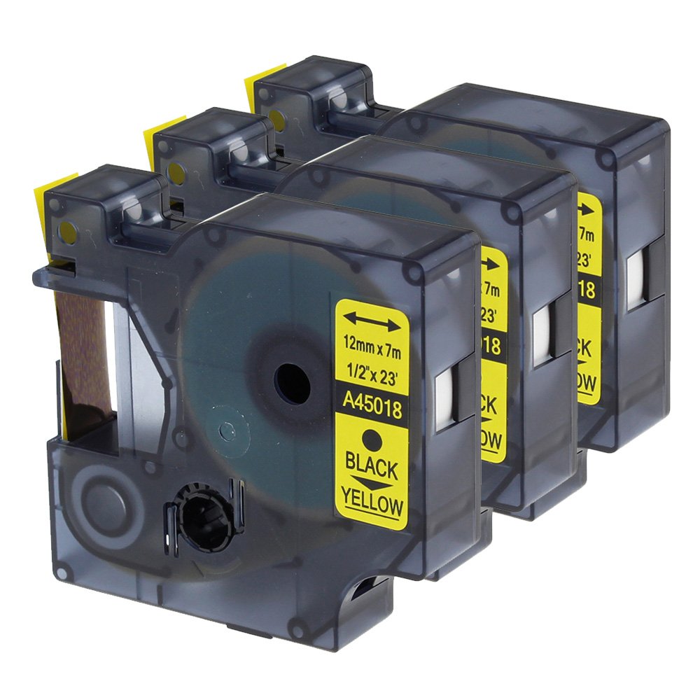 Oozmas 45018 Schriftband kompatible mit Dymo D1 12mm x 7m Schwarz auf Gelb, Label Cassette kompatible mit Dymo LabelManager LM160 LM210D LM260P LM280 LM360D LM420P, 3er-Pack