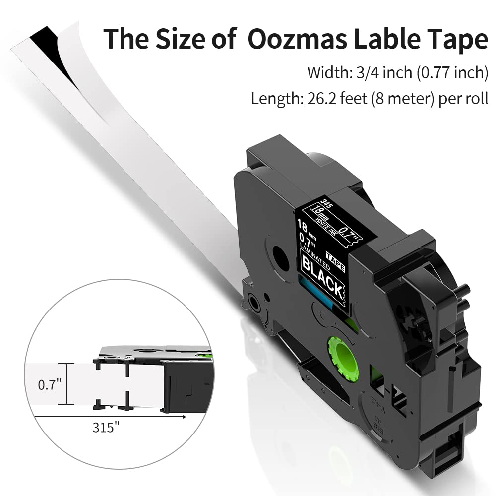 3x Oozmas TZe-345 18 mm Blanc sur Noir Ruban Étiqueteuse Compatible avec Brother Ptouch 18 mm x 8 m TZe345 TZ345 Compatible avec Brother P-touch PT-1830 D400 D400VP D450 PT-2430