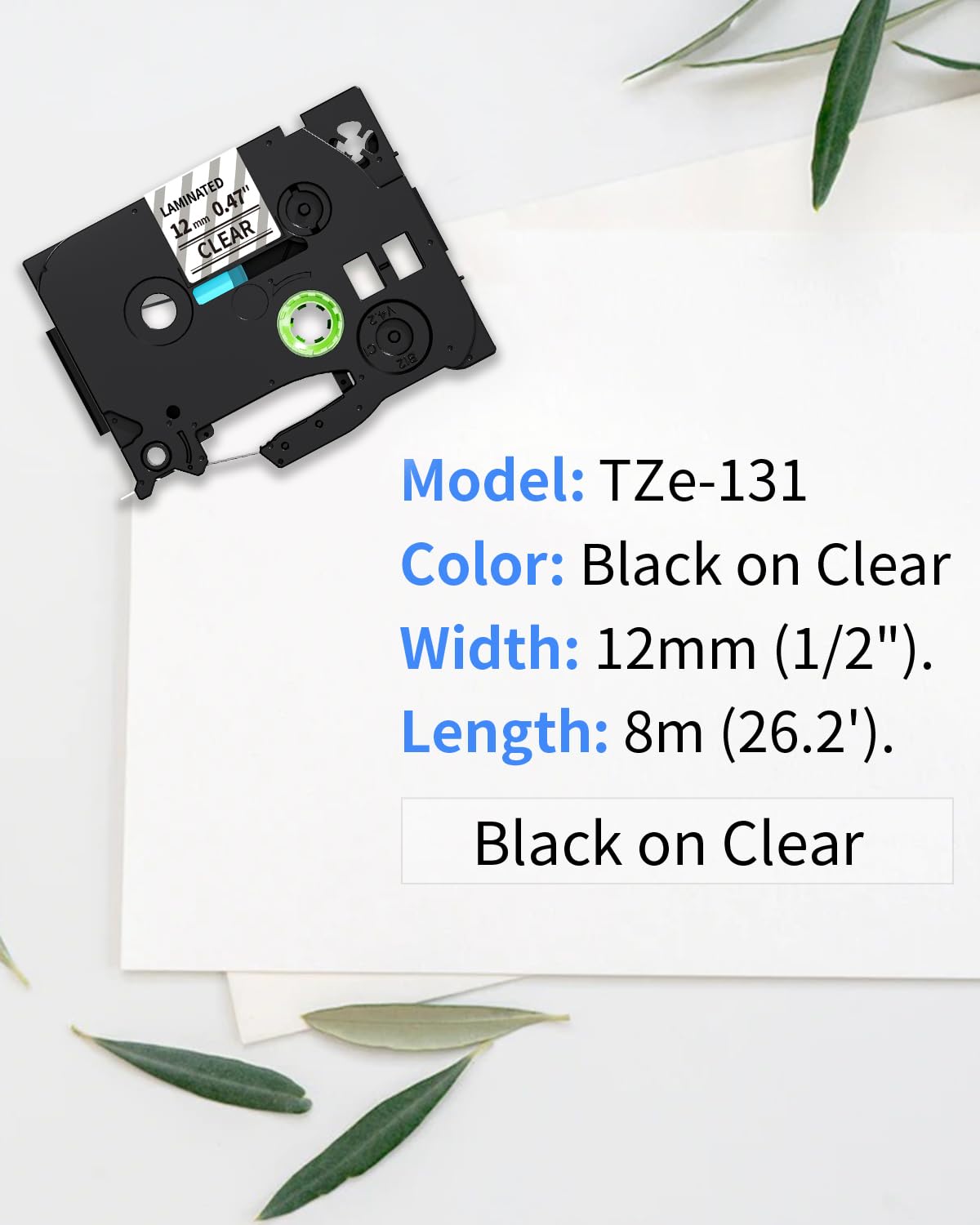 Oozmas AZe-131 TZ Tape Noir sur Transparent Compatible avec Brother P-touch TZe-131 12mm Ruban pour Étiqueteuse Compatible avec Brother P-touch PT-H110 PT-H100LB PT-E100 PT-D400 PT-1250