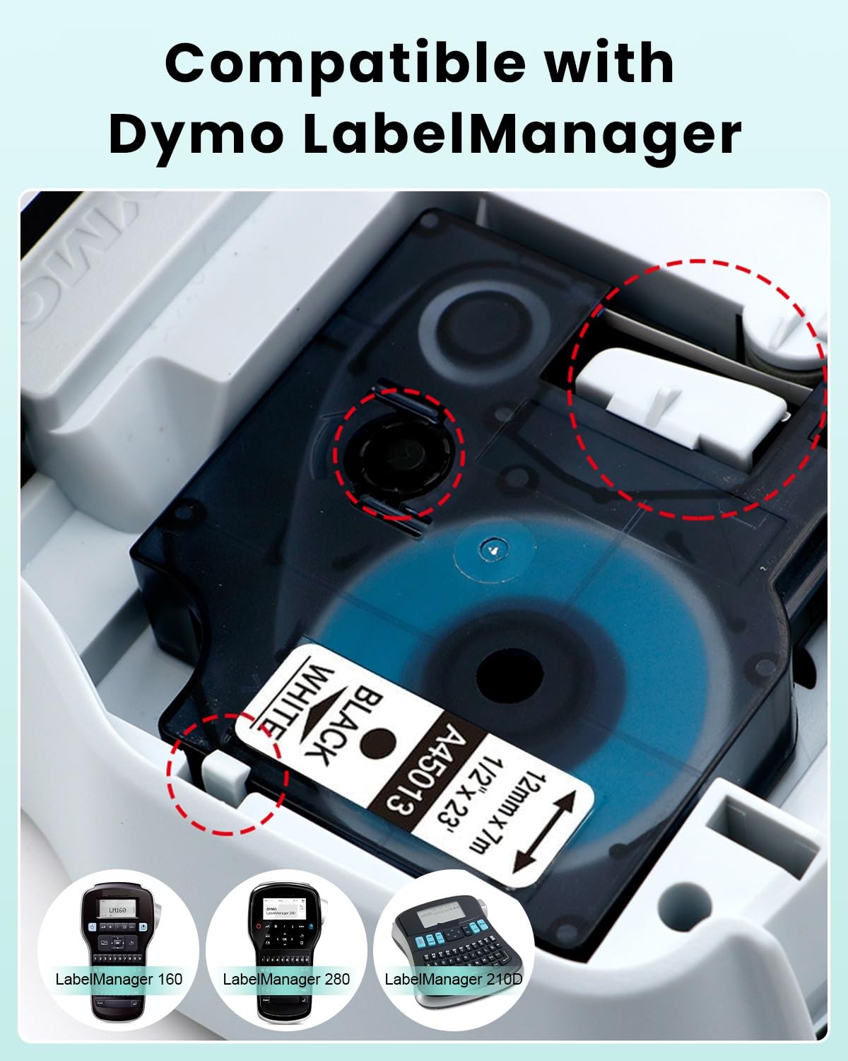 Oozmas a45013 Compatible with Dymo Label Tape Replacement for Dymo D1 Tape 45013 12mm x 7m Black on White, Compatible with Dymo LabelManager 160 210D 360D 420P 450D 500TS, 5-Pack