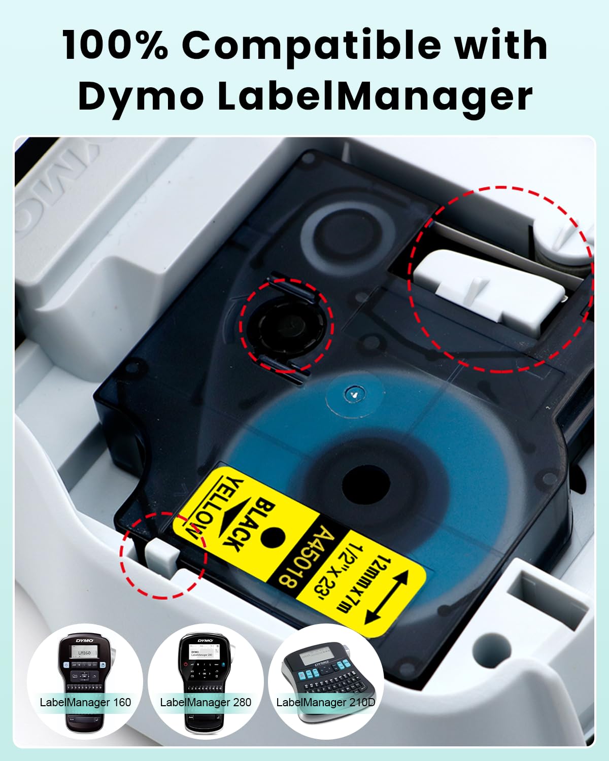 Oozmas A45018 Compatible with Dymo D1 Label Tape Black on Yellow 12mm Replacement for Dymo 45018 12mm x 7m, Compatible with Dymo LabelManager 160 210D 360D 420P 450D 500TS, 5-Pack