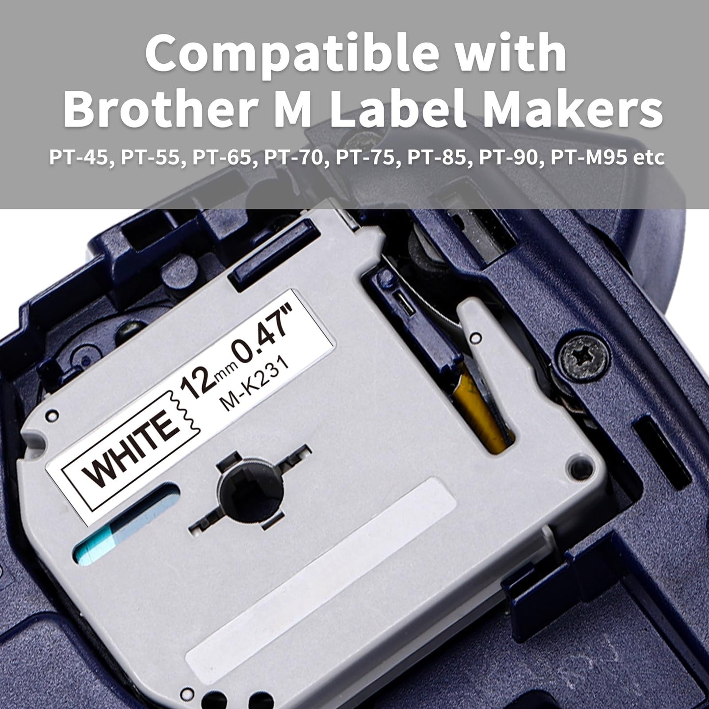 M-K231 MK231 Replacement for Brother P-Touch Label Tape M Tape 12mm 0.47 Inch M-k231s Ptouch 12 mm Tape for PTM95, PT70, PT80, PT-90, Black on White Label Tape, 1/2 Inch, 2 Pack