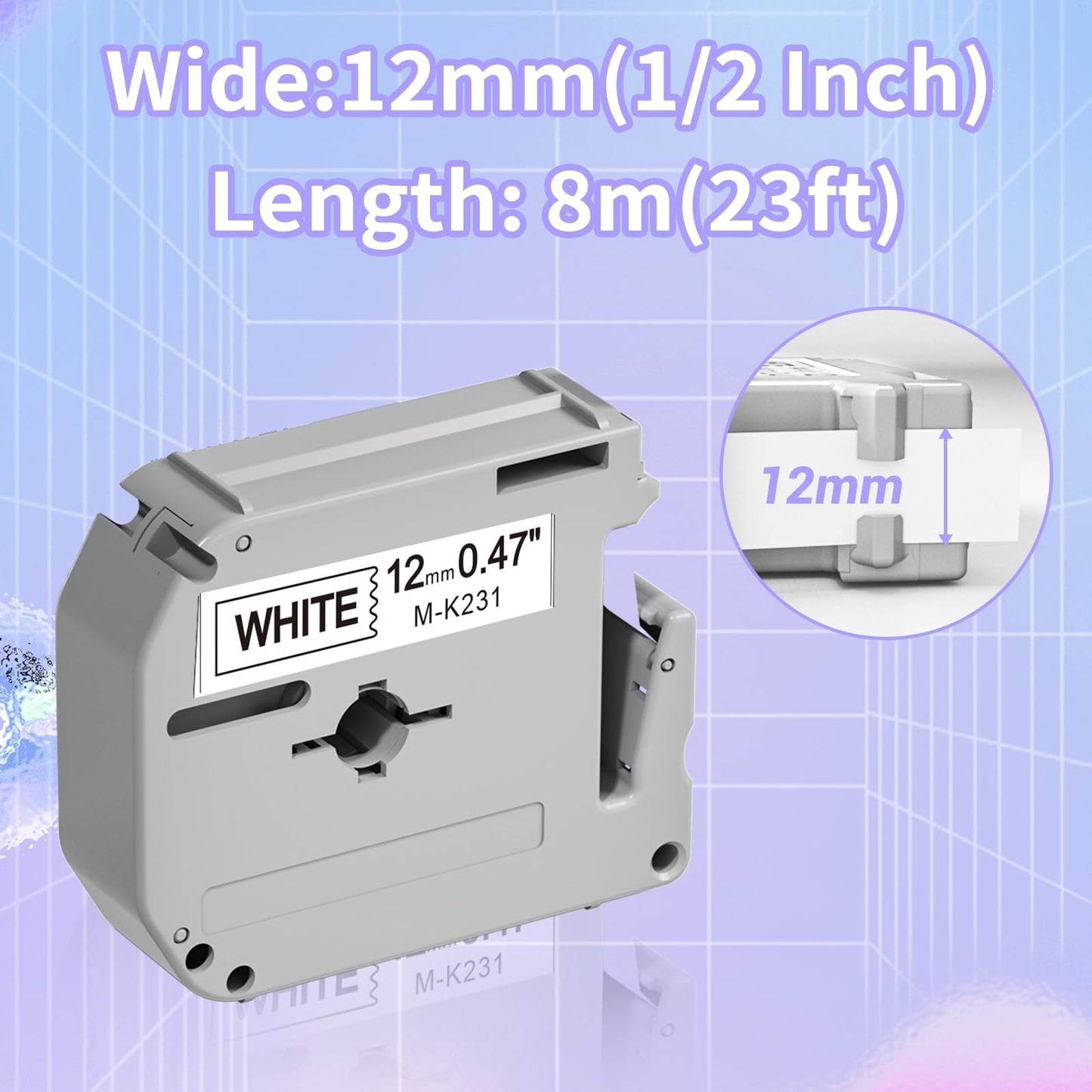 M-K231 MK231 Replacement for Brother P-Touch Label Tape M Tape 12mm 0.47 Inch M-k231s Ptouch 12 mm Tape for PTM95, PT70, PT80, PT-90, Black on White Label Tape, 1/2 Inch, 2 Pack