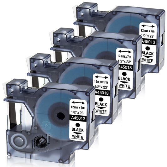 Oozmas Label Cassette Replacement for Dymo D1 45013 S0720530 Compatible with Dymo LabelPoint 100 150 LabelManager 160 280 150 Label Maker Tape Refills Black on White 1/2 Inch x 23 Feet, 4 Cartridges