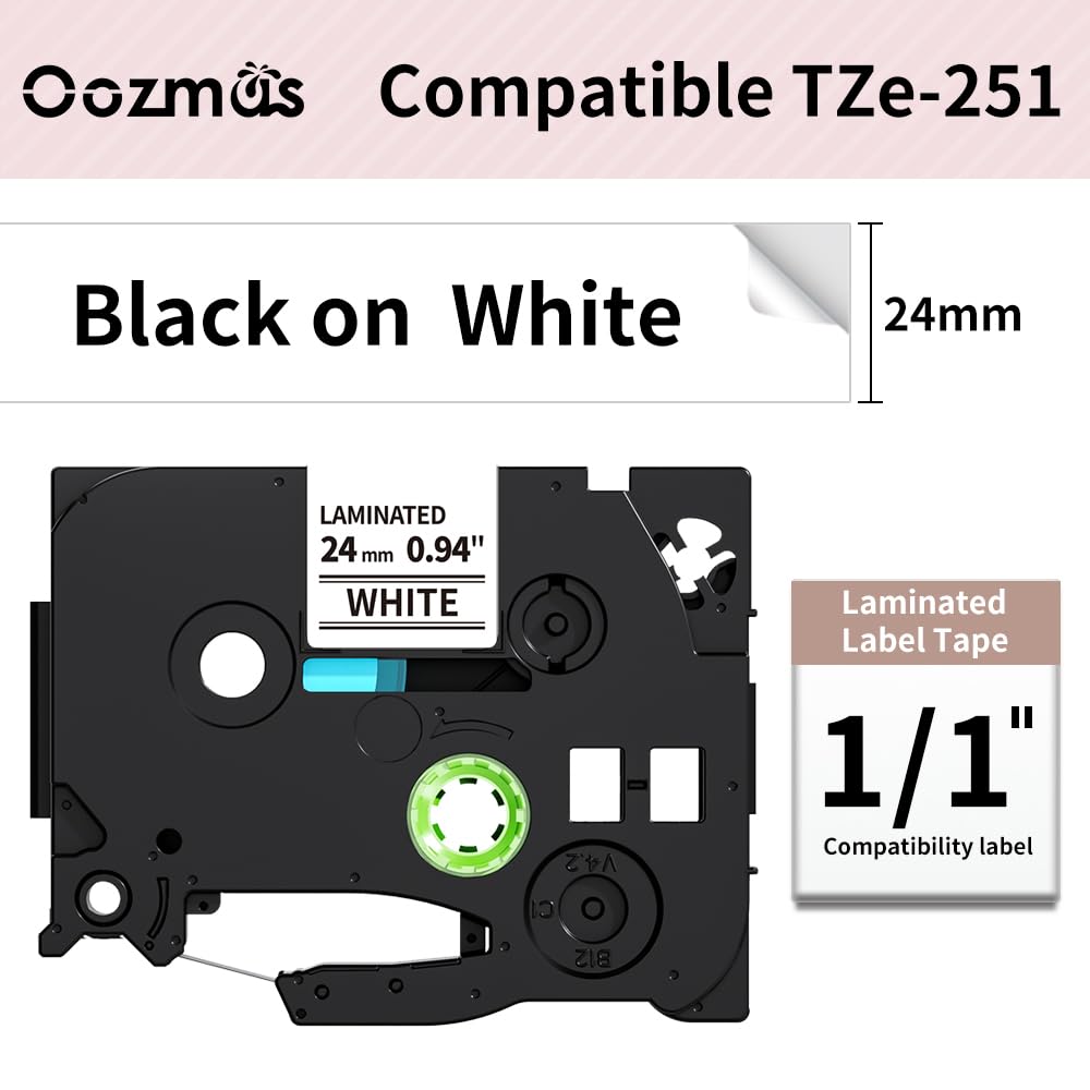 Oozmas TZ 24mm Schriftband kompatible für Brother P-Touch TZe 24mm Tape TZe-251 TZ 251 Schwarz auf Weiß, Laminiert ptouch bänder kompatible für Brother P-Touch D600 PT-7600 2430PC 2730, 3er-Pack