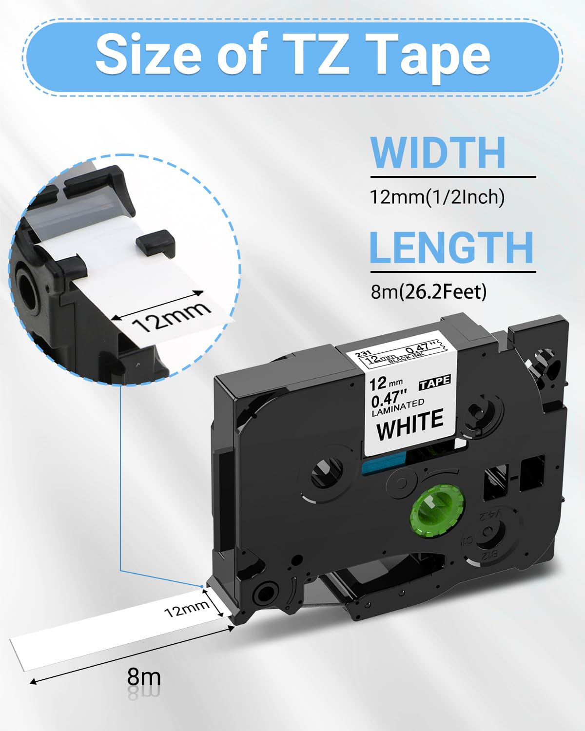 Nastro per Etichette Oozmas TZe-231 Compatibile con Brother Ptouch H105 TZ231 TZe231 TZe Tape 12mm 0.47 laminated Nero su Bianco, Compatibile con Brother P-touch H105 D210 D400 H110 H107B Cube, 5Pz