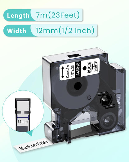 Oozmas Cinta Compatible con Dymo D1 12mm x 7m 45013 A45013 S0720530 cintas de etiquetas Negro en Blanco Compatible con DYMO LabelManager LM160 LM210D LM260P LM280 LM360D LM420P