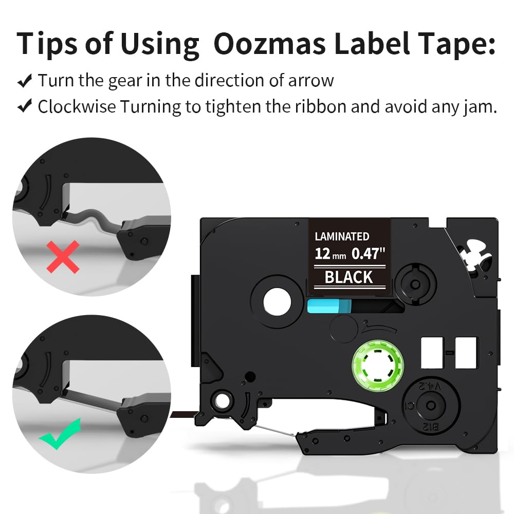 Oozmas Ruban pour Étiqueteuse Compatible avec Brother P-touch TZ Tape 12mm TZe-335, Cartouche Compatible avec Brother P-touch PT-H110 PT-H100LB PT-E100 PT-D400 PT-1250, Blanc sur Noir