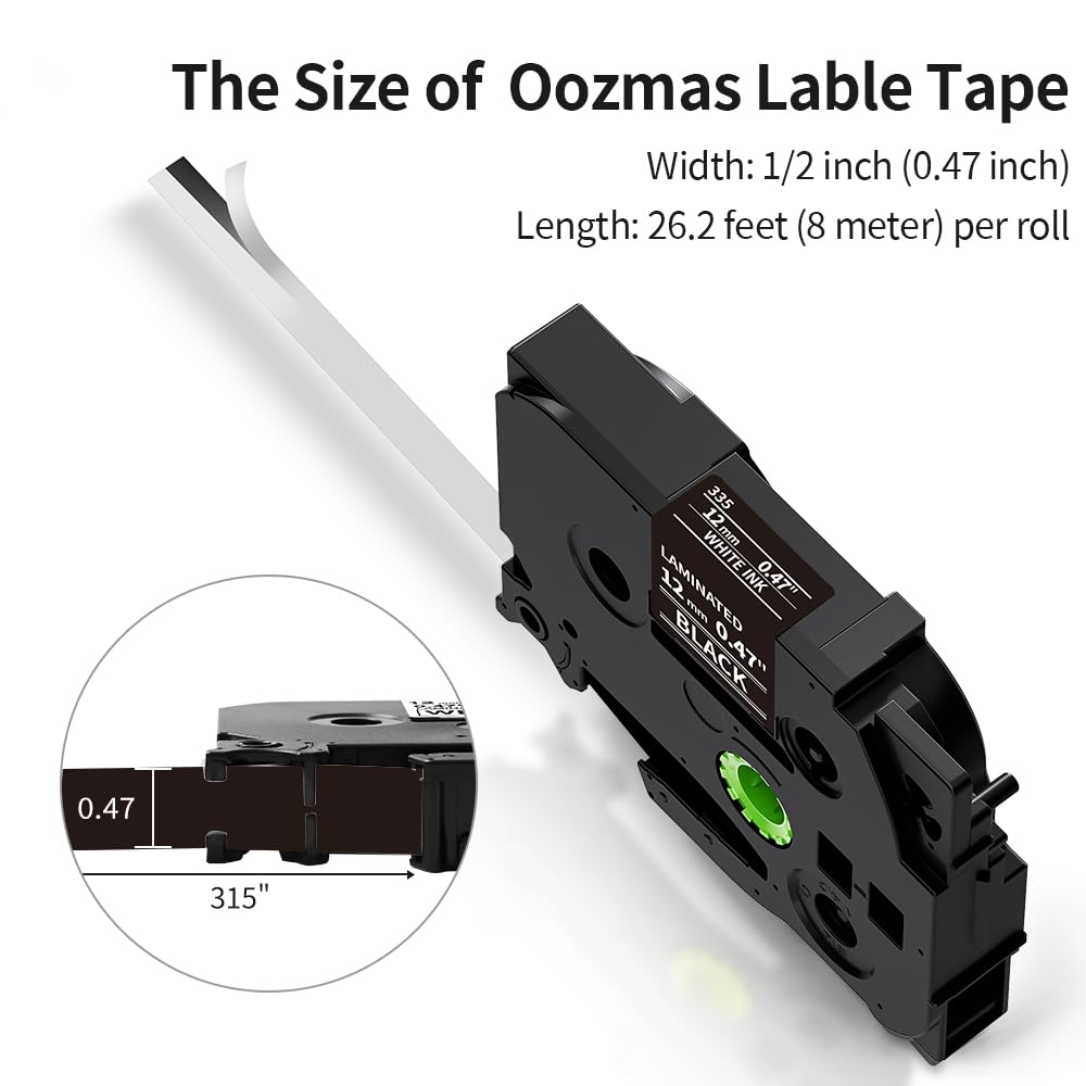 Oozmas Ruban pour Étiqueteuse Compatible avec Brother P-touch TZ Tape 12mm TZe-335, Cartouche Compatible avec Brother P-touch PT-H110 PT-H100LB PT-E100 PT-D400 PT-1250, Blanc sur Noir