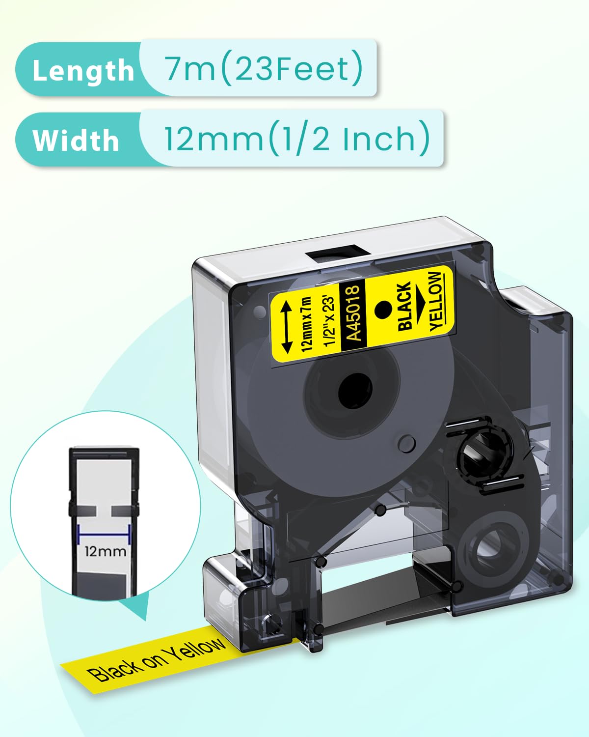 Oozmas 45018 Ruban pour Étiqueteuse compatible avec Dymo D1 12mm x 7 m Noir sur Jaune, compatible avec Dymo LabelManager 160 210D 360D 420P 450D 500TS, Pack de 5