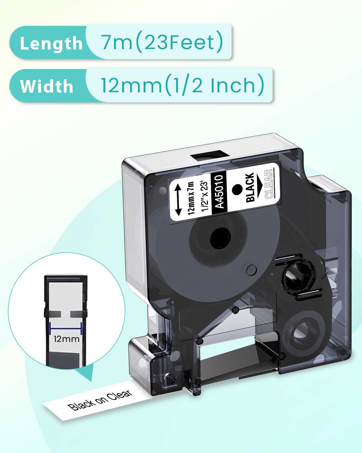 5x Oozmas A45010 Etichette Compatibile con Dymo Nastro Trasparente D1 12mm x 7m 45010 Nastri Compatibile con Dymo LabelManager LM 160 21OD 260P 360D 420P 500TS, Nero su Trasparente