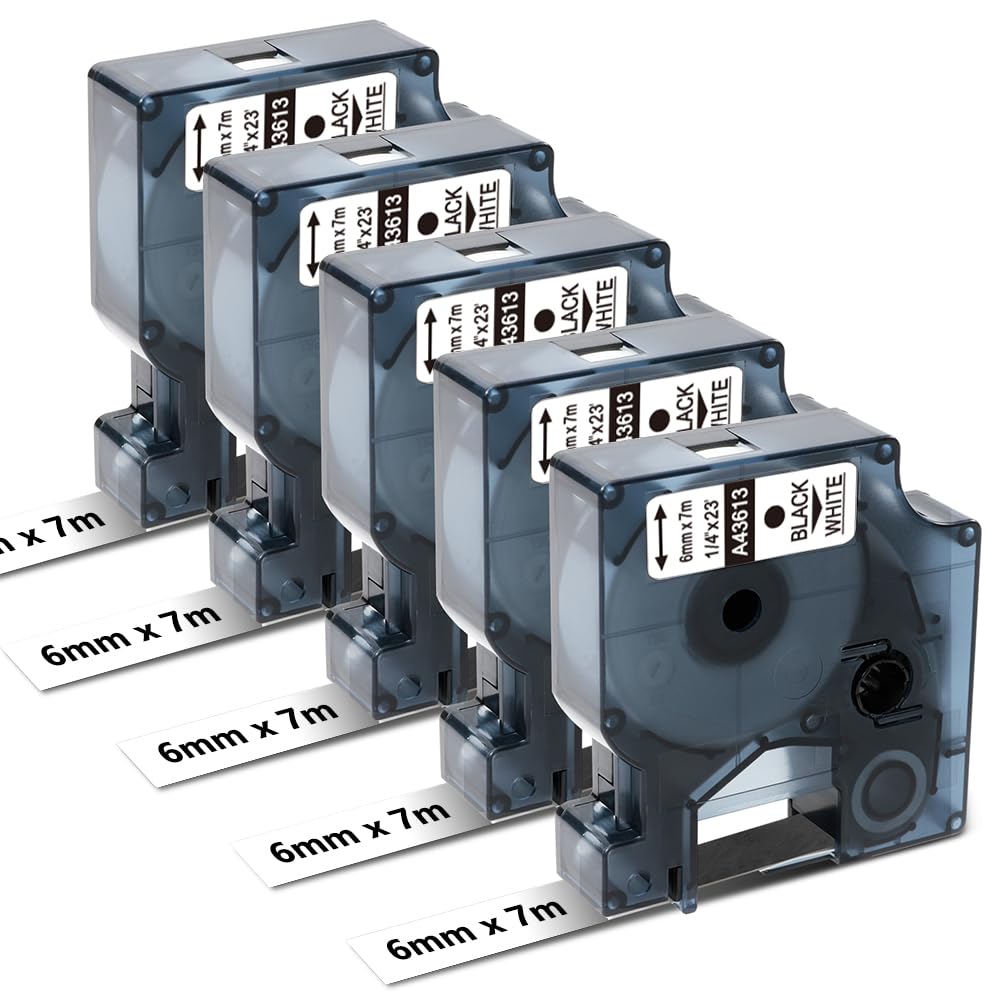 Oozmas Label Tape Replacement for Dymo D1 Tape 6mm x 7m 43613 Black on White Label Tape, Compatible with Dymo Label Maker 160 210D 360D 420P 450D 500TS, 5-Pack