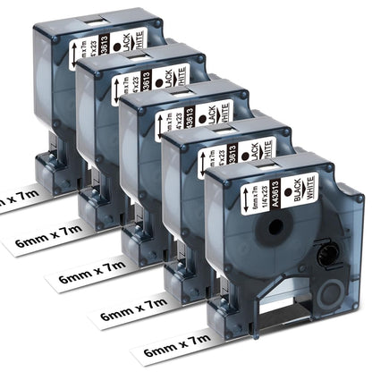 Oozmas Label Tape Replacement for Dymo D1 Tape 6mm x 7m 43613 Black on White Label Tape, Compatible with Dymo Label Maker 160 210D 360D 420P 450D 500TS, 5-Pack