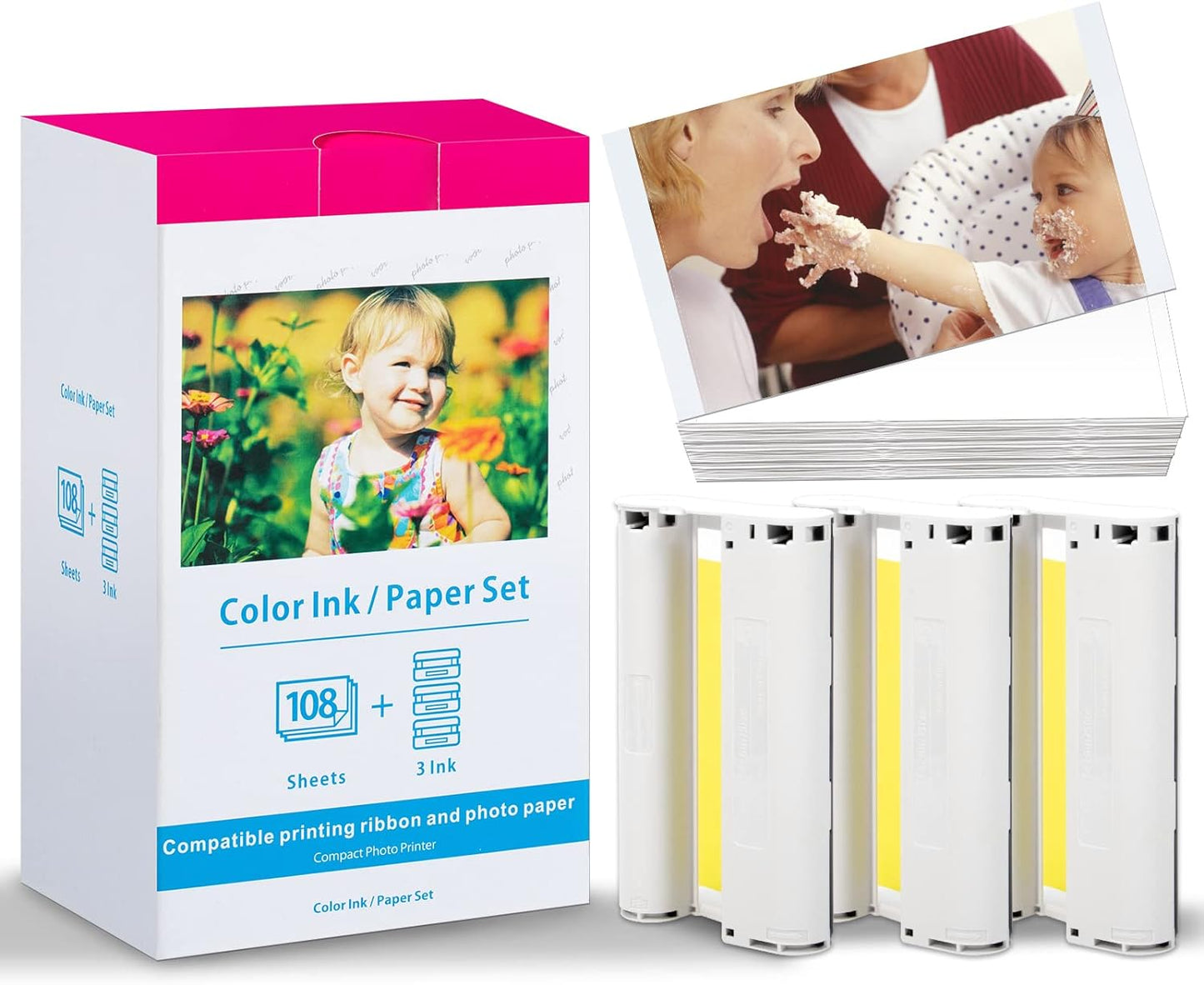 Replace Selphy CP1500 Ink and Paper Compatible Canon CP1300, CP1500, CP1200, CP910, CP1000, CP900, CP800, CP810 Paper and Ink KP-108IN Selphy Photo Paper Glossy 4 x 6, 108 Sheets, 3 Color Ink Cassette