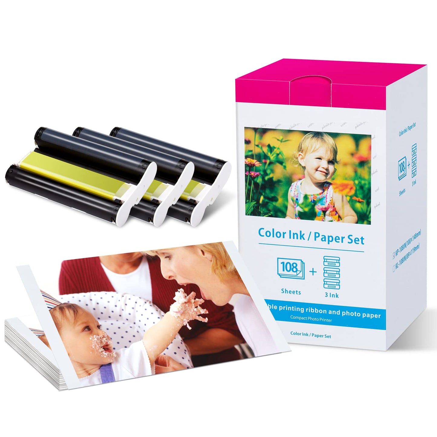 Replacement Canon Selphy CP1300 Paper and Ink for Selphy CP1300, CP1200, CP1500, CP910, CP900, CP760, CP770, CP780 CP800 Printer 4 x 6 Photo Paper Set KP-108IN 108 Sheets and 3 Color Ink Cassette