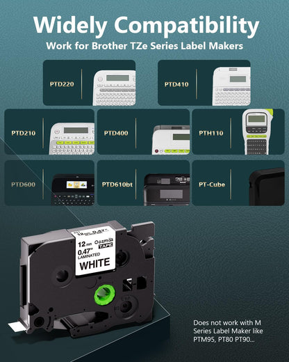 Replace for Brother Label Maker Tape PT-D210 PT-D220 PT-D200 PT-H100 Label Tape 12mm 0.47 Inch Laminated White Ptouch TZ Tape Compatible with P Touch Refills TZe-231, 1/2 Inch * 8m, 5-Cartridges