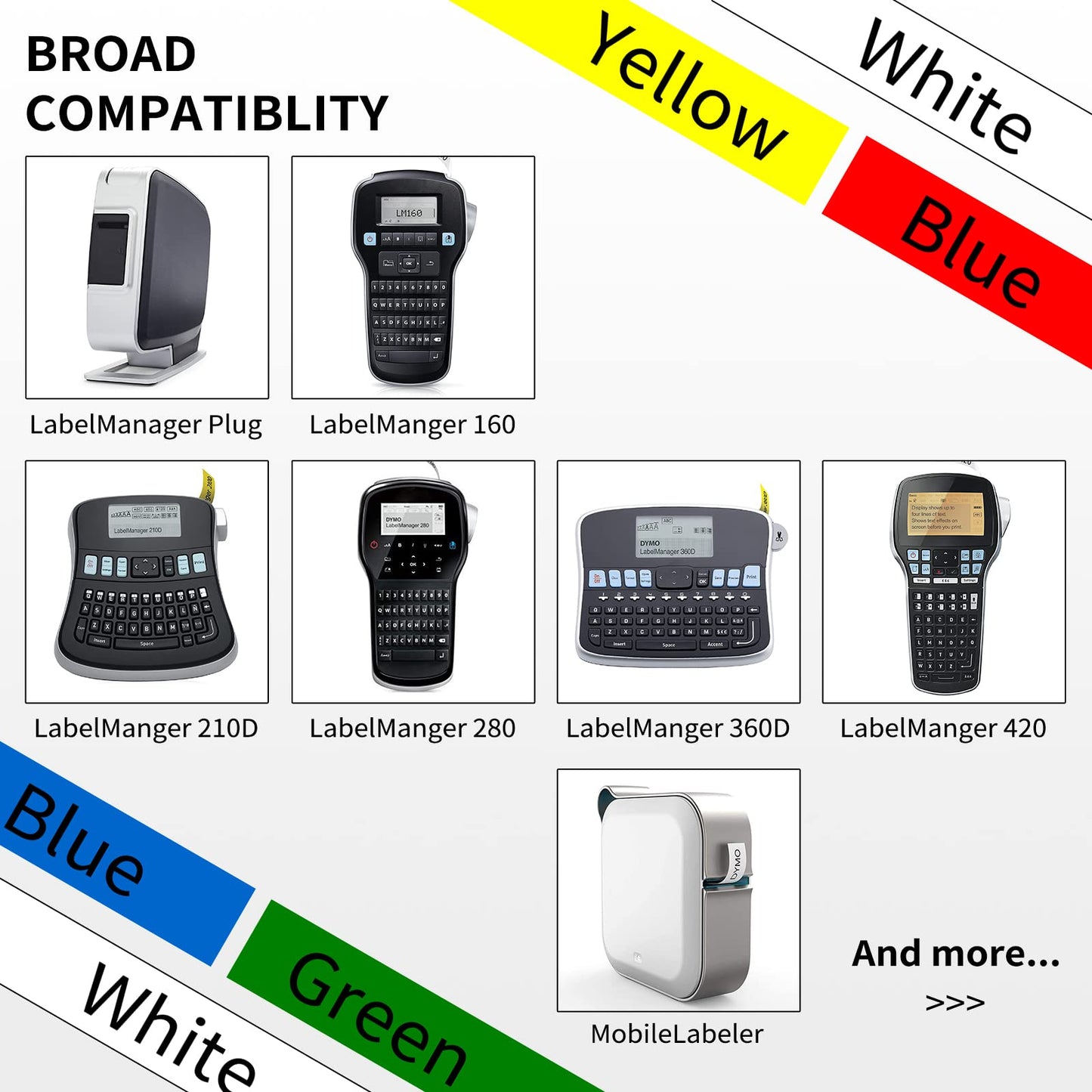 Replacement for Dymo Label Maker Refills Color for Label Manager Colorpop 160 280 360D 420P 210D D1 1/2 Inch Label Maker Tape Clear/Black/White/Blue/Yellow/Red, 1/2 Inch x 23Ft, 5 Cassettes