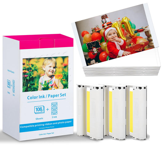 Oozmas Papel fotográfico Compatible con Canon Selphy KP-108IN 3115B001 (AA), Compatible con Canon Selphy CP1200 CP1300 CP910 CP900 (108 hojas de papel de impresora, 3 cartuchos de tinta)