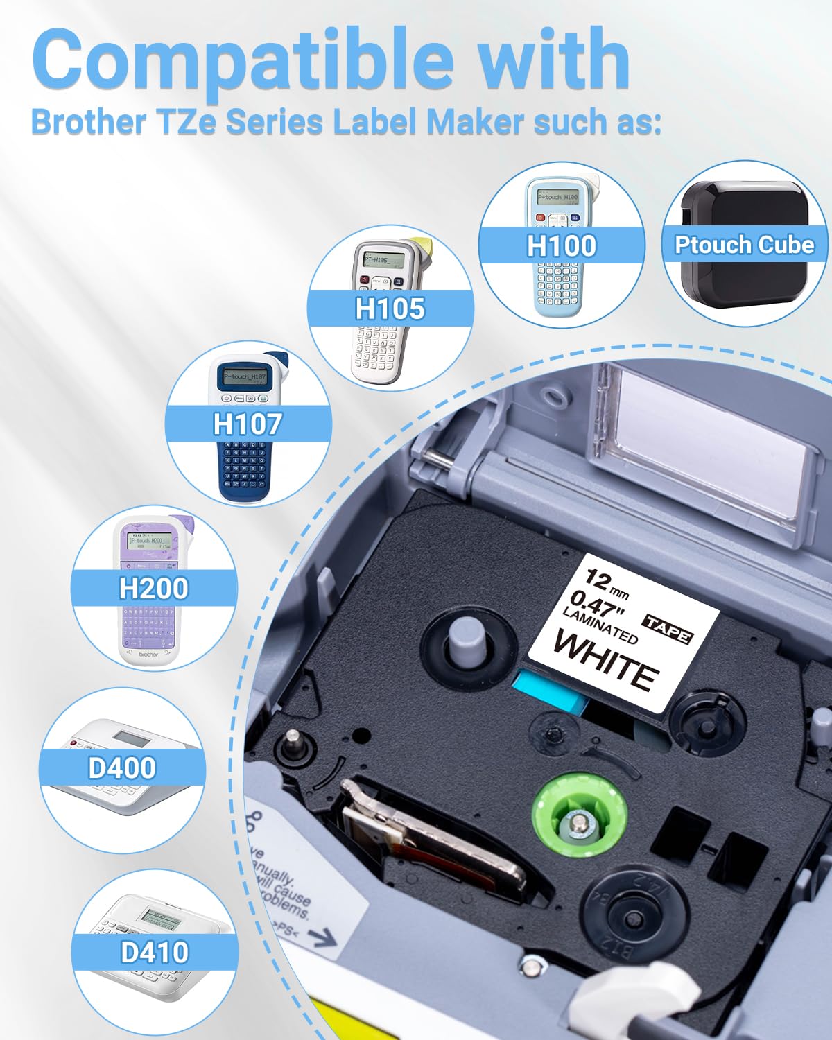 Nastro per Etichette Oozmas TZe-231 Compatibile con Brother Ptouch H105 TZ231 TZe231 TZe Tape 12mm 0.47 laminated Nero su Bianco, Compatibile con Brother P-touch H105 D210 D400 H110 H107B Cube, 5Pz