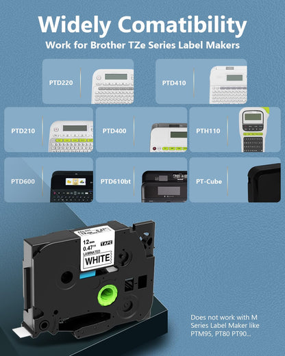 Label Maker Tape Replacement for Brother PT-H110 D210 H100 D400 D220 610BT P710BT Label Tape, TZe Tape 12mm 0.47 Laminated Tape P Touch Refills AZe Tz TZe-231, 1/2 Inch, Black on White, 10-Pack