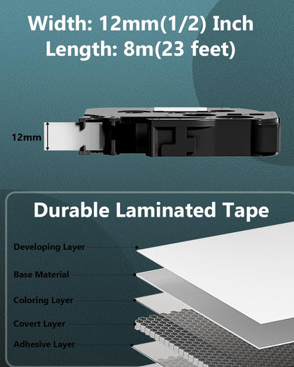 Replace for Brother Label Maker Tape PT-D210 PT-D220 PT-D200 PT-H100 Label Tape 12mm 0.47 Inch Laminated White Ptouch TZ Tape Compatible with P Touch Refills TZe-231, 1/2 Inch * 8m, 5-Cartridges