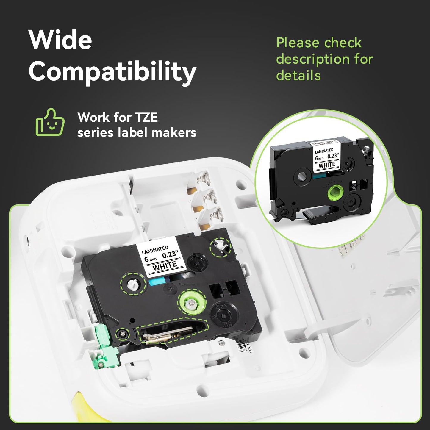 Oozmas TZe-211 TZe211 Compatible with Brother P-Touch Label Tape 6mm 0.23 Inch Laminated 1/4 Inch TZ TZe Tape Black on White Ptouch Refills PTH110 PT-D210 PTD220 Label Maker Tape Cartridges, 5-Pack