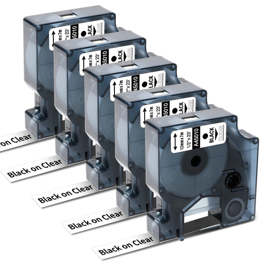 5x Oozmas Compatible avec DYMO D1 12mm Noir sur Transparent Ruban pour Étiqueteuse 45010 12mm x 7m Compatible avec DYMO LabelManager LM160 LM210D LM260P LM280 LM360D