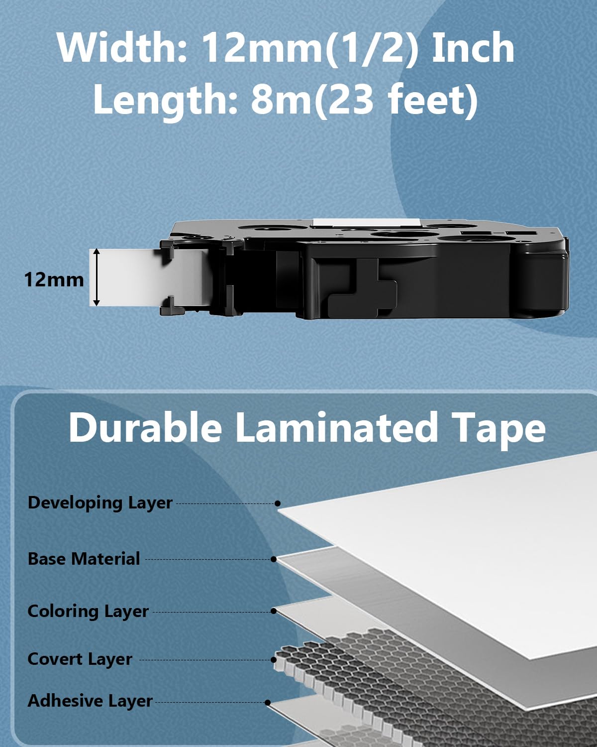 Label Maker Tape Replacement for Brother PT-H110 D210 H100 D400 D220 610BT P710BT Label Tape, TZe Tape 12mm 0.47 Laminated Tape P Touch Refills AZe Tz TZe-231, 1/2 Inch, Black on White, 10-Pack