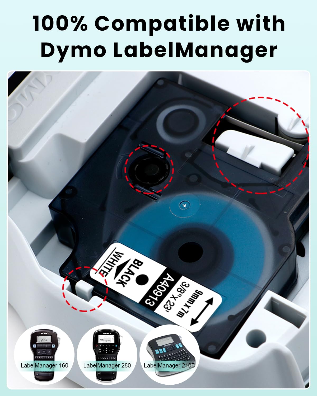 Cinta oozmas Compatible con Dymo 9mm x 7m 40913 Negro sobre Blanco, Impresión de Etiquetas Compatible con Dymo Label Manager 160 210D 260P 280 360D 420P 450D, pack de 5