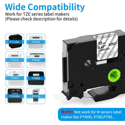 Replacement for Brother Label Maker Tape White on Clear TZe-135 Tape P-Touch 12mm 0.47 Inch TZe TZ Laminated Tape Work for Brother Ptouch PT-D210 PT-H100 PTD400AD PT-P700 Label Maker, 1/2'', 5-Pack