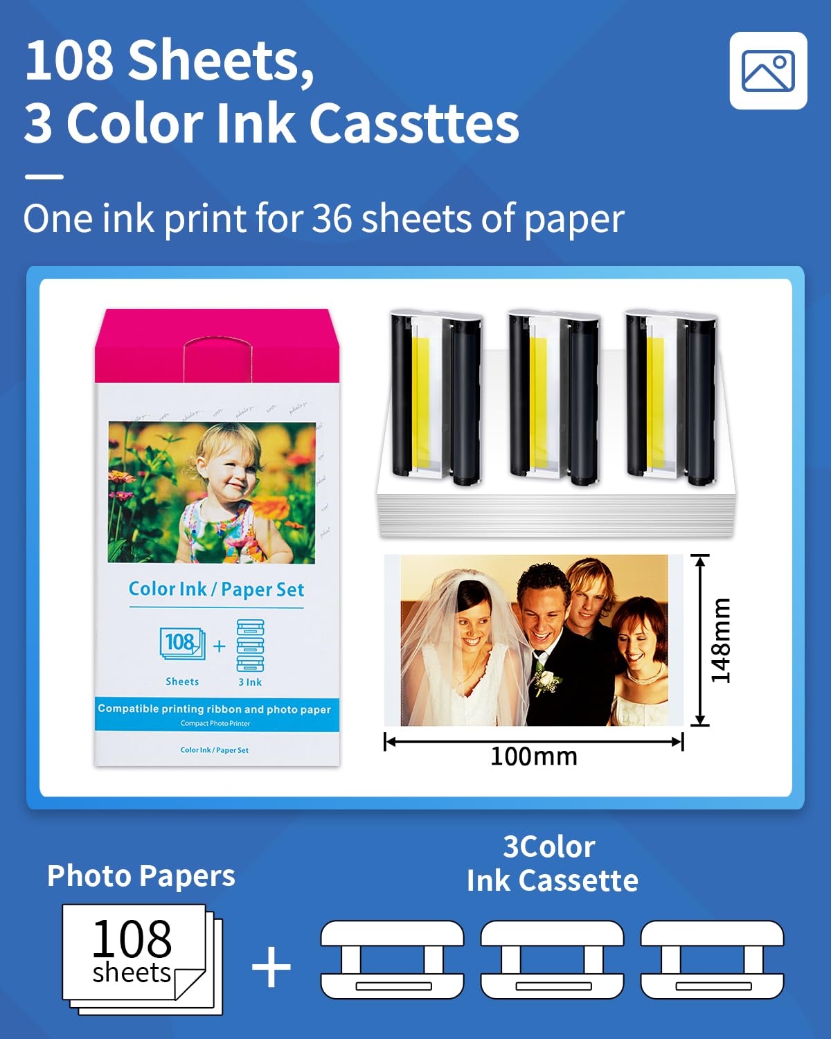 Replacement Canon Selphy CP1300 Paper and Ink for Selphy CP1300, CP1200, CP1500, CP910, CP900, CP760, CP770, CP780 CP800 Printer 4 x 6 Photo Paper Set KP-108IN 108 Sheets and 3 Color Ink Cassette