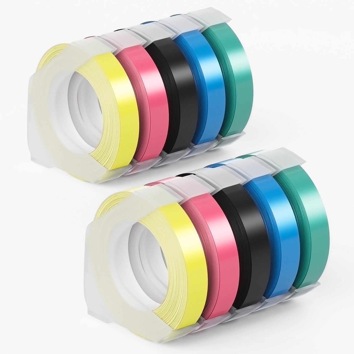 Embossing Label Maker Tape Replacment for Dymo 1570 Label Tape Refills Clear/Red/Gold/Yellow/Green/Silver/Pink/Blue/Black Tape with White Letters 3/8 Inch for Dymo 12966 1540 Tape 3/8 Inch, 10-Pack