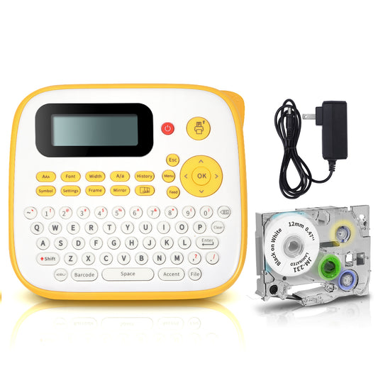 Oozmas Label Maker for Home Office Kids School Items, QWERTY Keyboard, Label Maker Machine with Tape AC Adapter for Organizing Labeling, Labeler Machine One Touch Keys, Easy to Use, Yellow